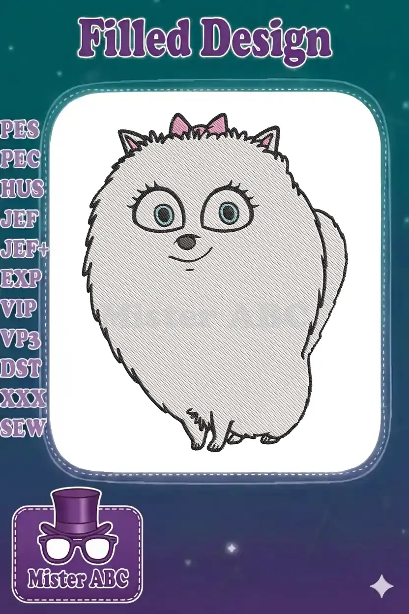 Gidget the white Pomeranian from Secret Life of Pets, an adorable machine embroidery design with a pink bow.