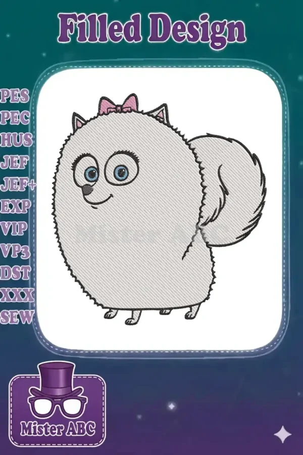 Adorable Gidget embroidery design from The Secret Life of Pets, featuring a fluffy white dog with a pink bow.