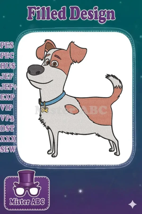 A charming machine embroidery design featuring Max, the white and brown terrier from The Secret Life of Pets, standing cheerfully.