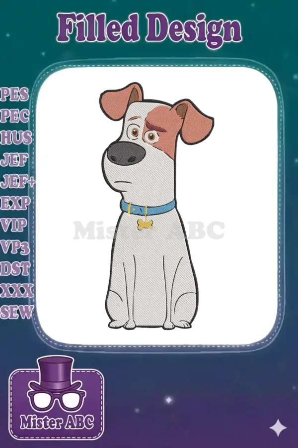 Detailed embroidery design of Max from The Secret Life of Pets, a white and brown dog with a blue collar.