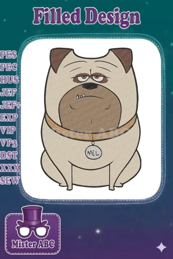 Full-color embroidery design of Mel, the pug from The Secret Life of Pets, with a grumpy expression and collar.