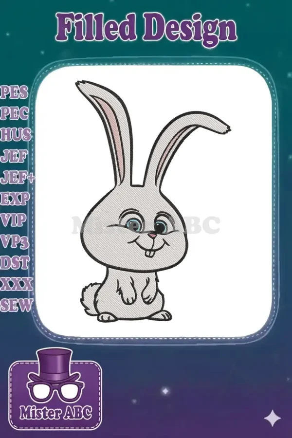A detailed embroidery of Snowball, the white bunny from 'The Secret Life of Pets', with blue eyes and a mischievous smile.