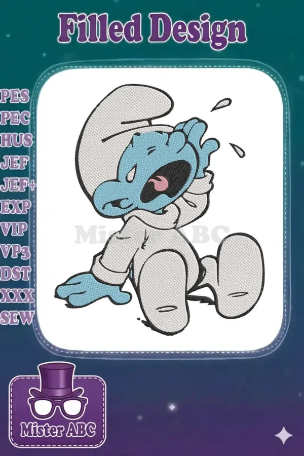 A vibrant embroidery design featuring a blue Smurf character covering its face while crying, with tears visible.