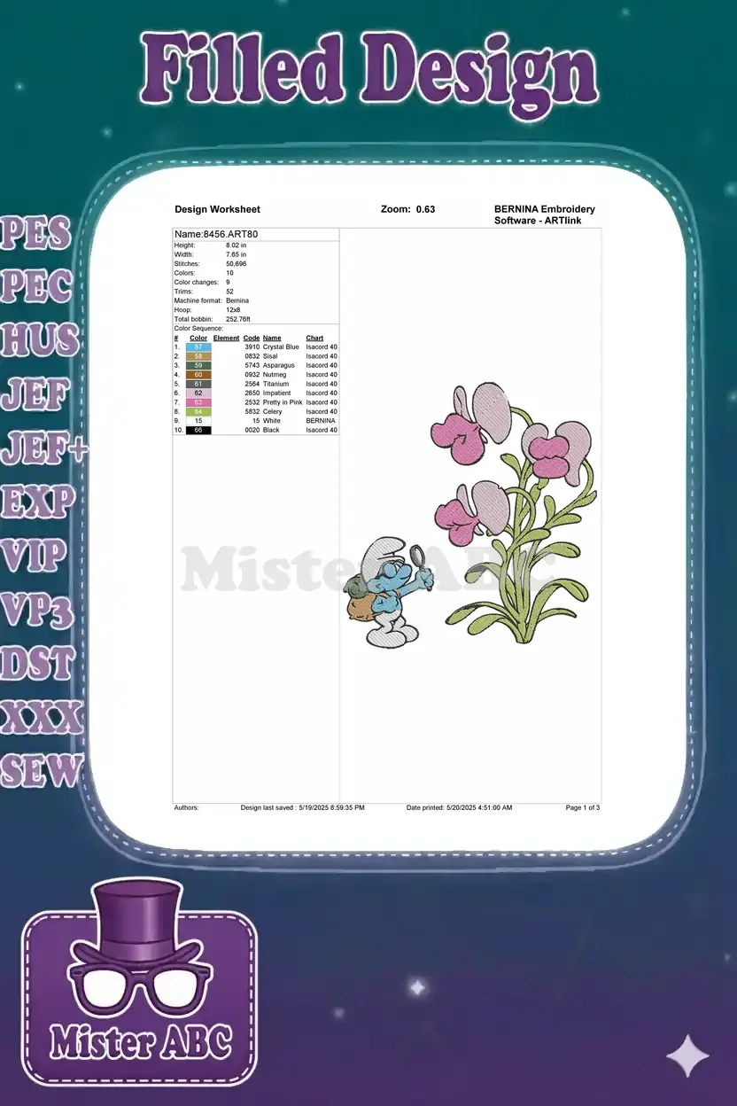 Embroidery design worksheet showing Smurf and flowers with technical details and color sequence.