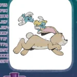 Smurfette and Brainy Smurf riding a running rabbit embroidery designs - Instant Download