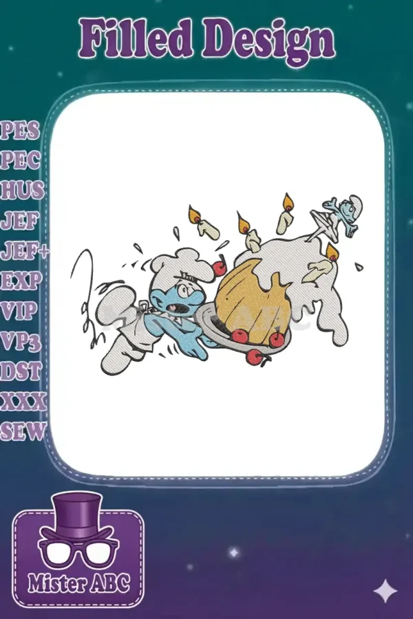 Chef Smurf frantically carries a melting birthday cake with lit candles and a small Smurf atop, a lively embroidery design.