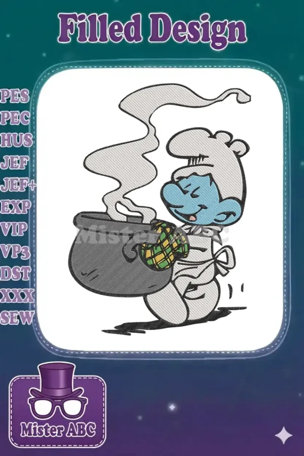 An enchanting Smurf chef, holding a steaming cauldron with a checkered pot holder, ready for culinary adventure.