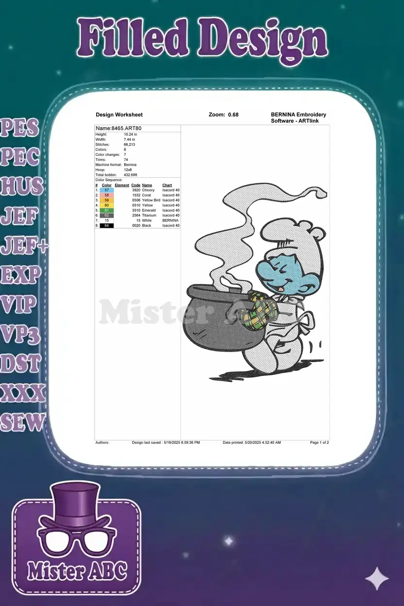 A detailed embroidery design worksheet for Smurf chef, showing dimensions, stitch count, and color sequence.
