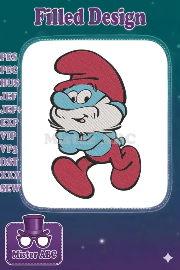 Detailed embroidery design of Papa Smurf in a dynamic running pose, featuring his red hat, blue skin, and white beard.