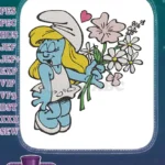 Happy Smurfette with flower bouquet and heart embroidery designs - Instant Download