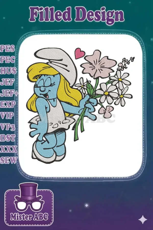 Smurfette, the beloved blue character, joyfully holding a vibrant bouquet of flowers, ready for embroidery. A delightful design.