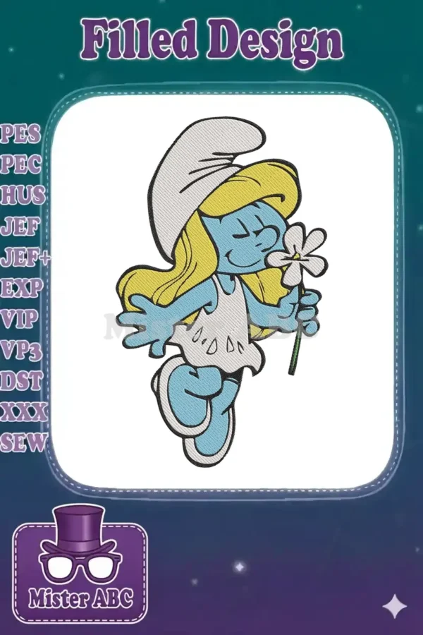 Close-up of Smurfette embroidery design, featuring her blonde hair, blue skin, white hat, and a white flower.