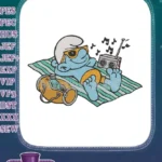 Happy blue cartoon character relaxing with music radio embroidery designs - Instant Download