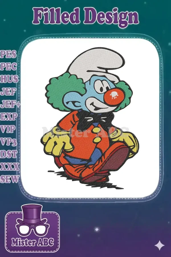 A charming Smurf Clown embroidery design, featuring a blue Smurf in a colorful clown suit with green hair and a red nose.
