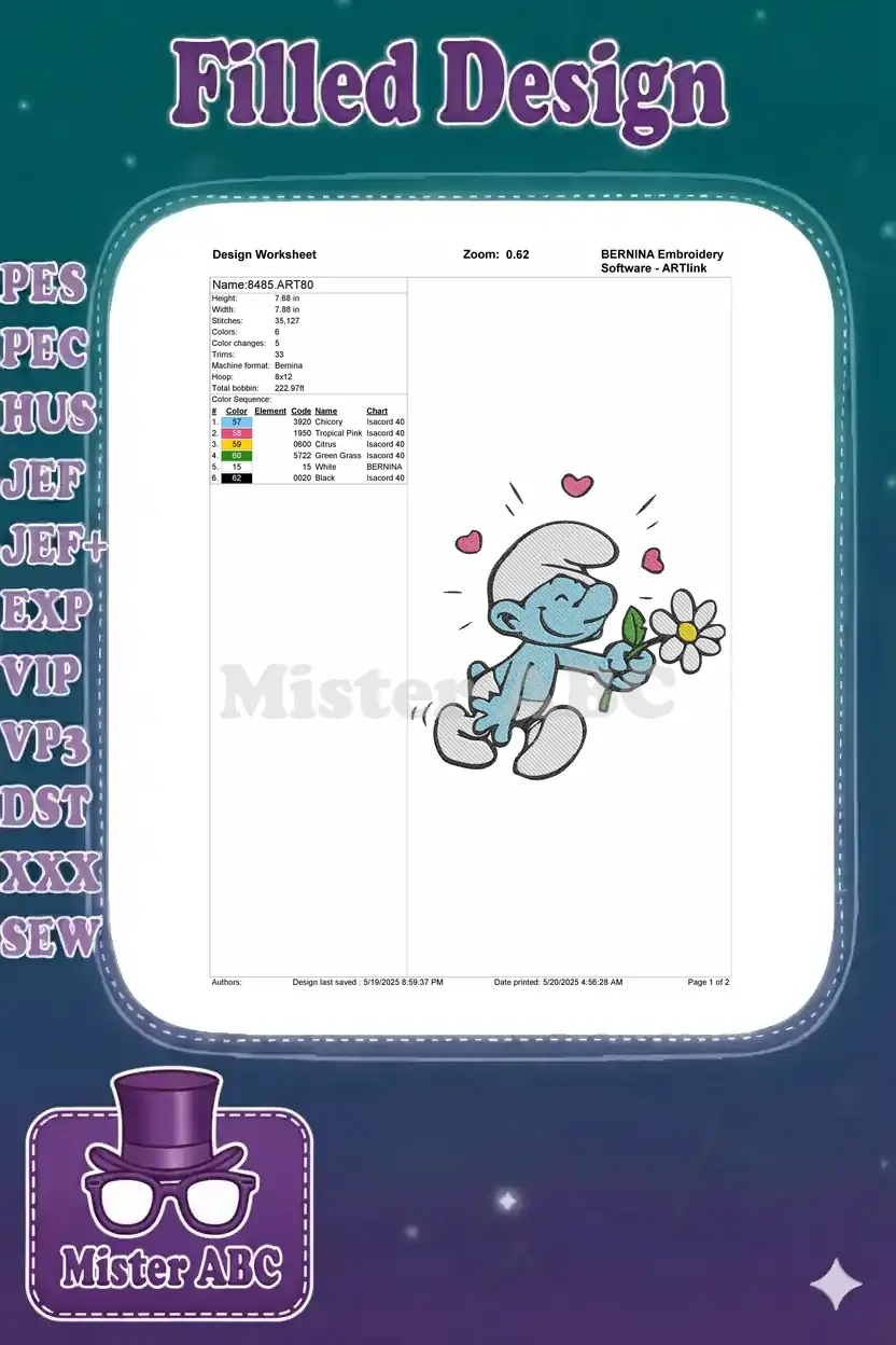 Design worksheet for the Smurf embroidery, detailing thread colors, stitch counts, dimensions, and machine type.