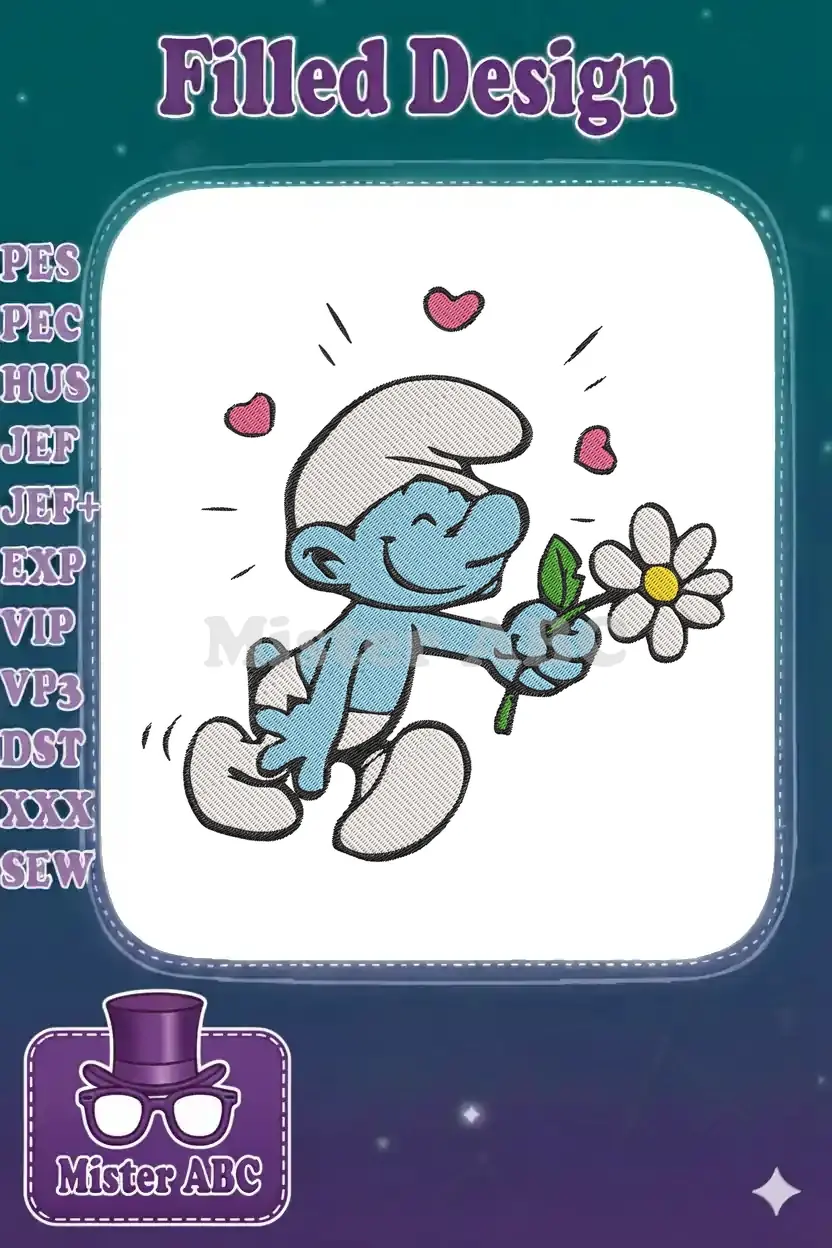 Embroidered Smurf design holding a daisy with hearts, perfect for apparel and gifts, featuring satin and fill stitches.