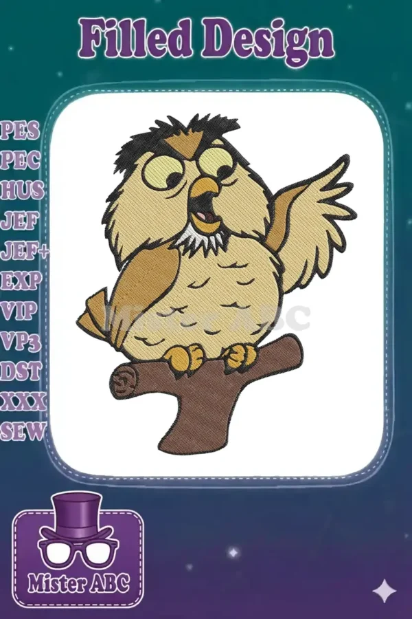 Vibrant embroidery of Disney's Owl character, wide-eyed and expressive, perched on a brown branch against a white background.