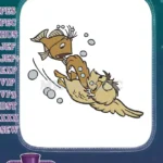 Funny cartoon bird catching fish embroidery designs for nature lovers - Instant Download