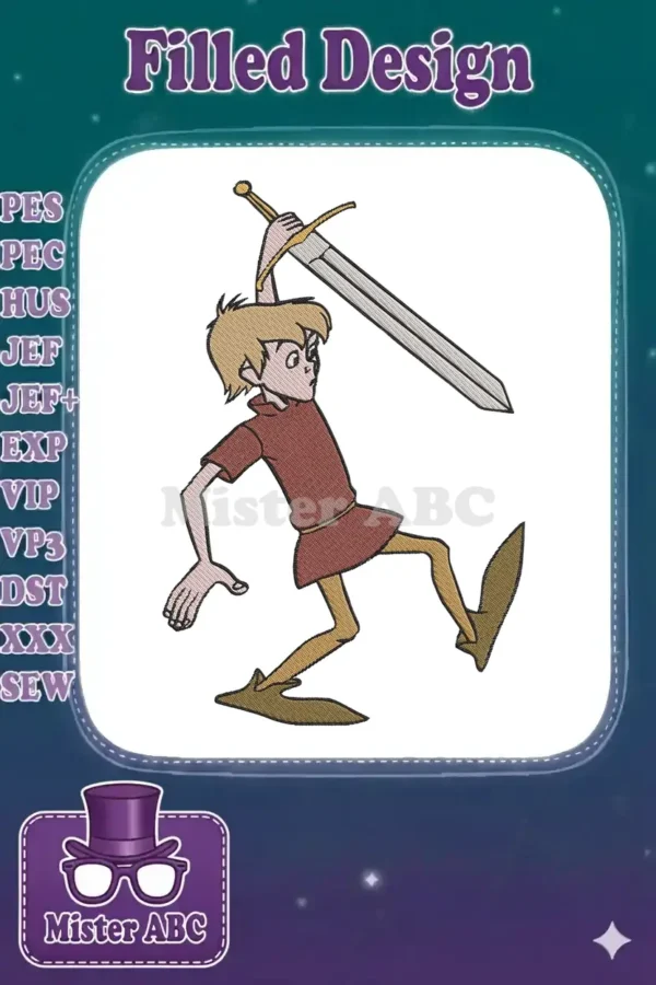 Embroidery design of young Arthur from Disney's 'The Sword in the Stone' in a dynamic pose, holding a sword aloft.