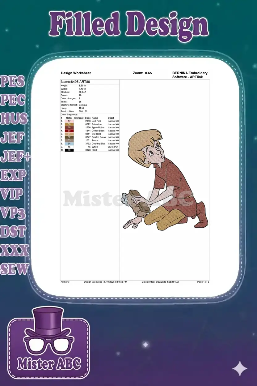 Embroidery design worksheet for Arthur (Wart), showing dimensions, stitch count, and color sequence.