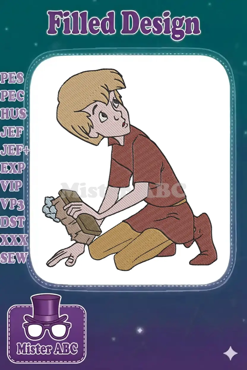 Embroidery of young Arthur (Wart) from The Sword in the Stone, kneeling and cleaning, detailed stitch work.