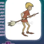 Young blonde boy holding broom fantasy embroidery designs - Instant Download