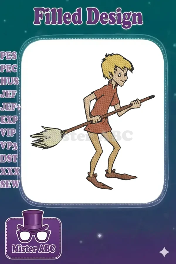 Embroidery design of young Arthur (Wart) from The Sword in the Stone, holding a broom, in a fill stitch.
