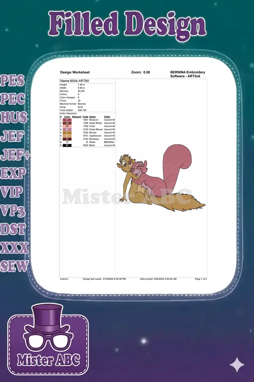 Embroidery design worksheet showing dimensions, stitch count, color sequence, and thread details for design 8504.