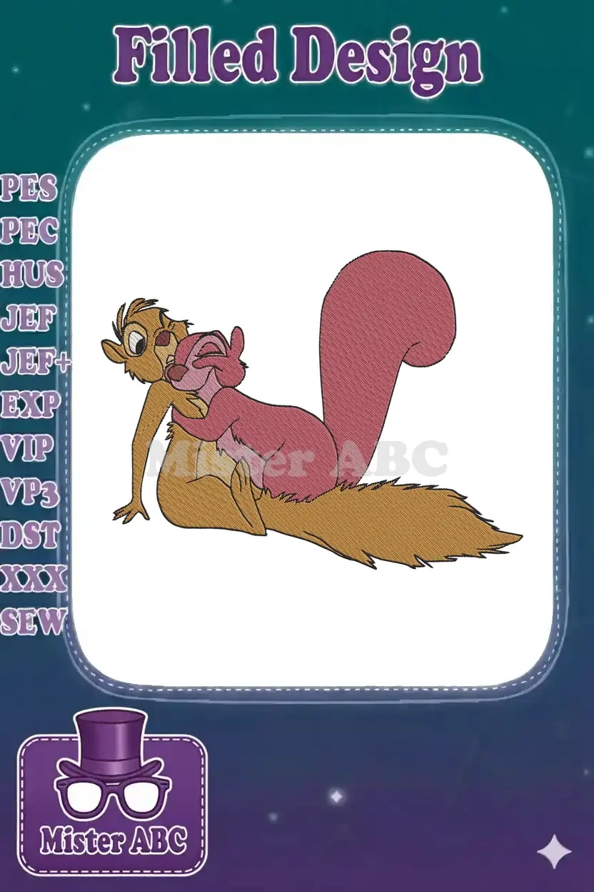 Adorable embroidery design featuring two cartoon squirrels, one brown and one reddish-pink, in a loving embrace.