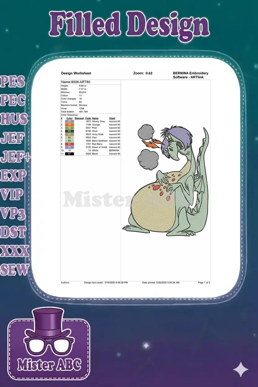 A detailed embroidery design worksheet showing thread colors, stitch count, dimensions, and a small preview of the Elliott dragon.