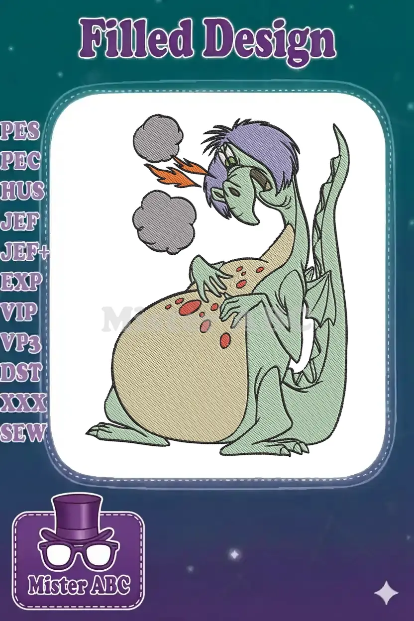 A whimsical embroidery design featuring a large, green, friendly dragon, Elliott, with a full belly, breathing fire and smoke.