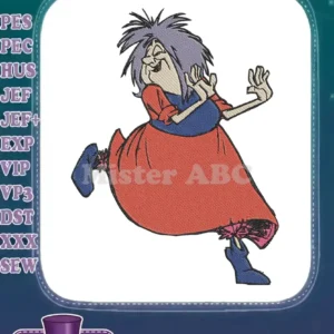 A vibrant embroidery design featuring Madam Mim from Disney, captured mid-stride with a mischievous expression and flowing dress.
