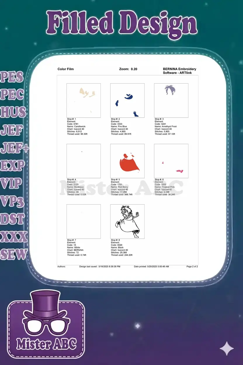 An embroidery color film showing the stitch-out sequence for Madam Mim, detailing each color element and its thread usage.