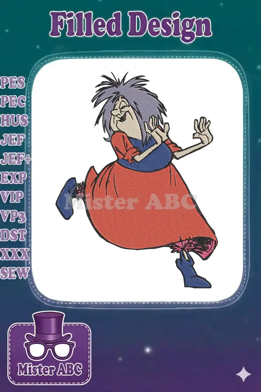 A vibrant embroidery design featuring Madam Mim from Disney, captured mid-stride with a mischievous expression and flowing dress.
