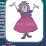 Happy old woman cartoon character purple hair embroidery designs - Instant Download