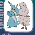 Wise wizard casting spell on fluffy pink creature embroidery designs - Instant Download