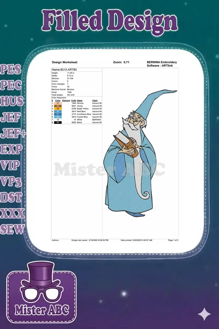 Embroidery design worksheet for Merlin, detailing dimensions, stitch count, color sequence, and thread types.
