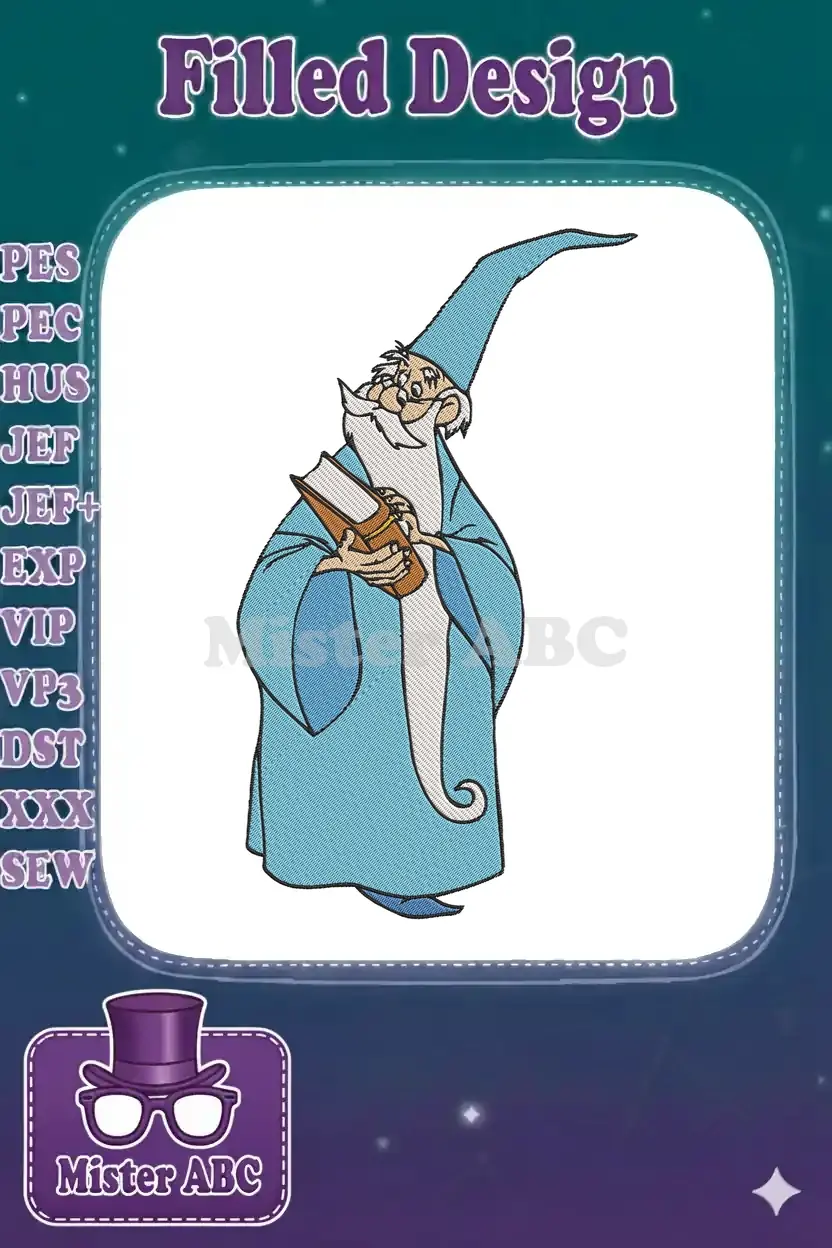 Detailed embroidery design of Merlin from Disney's Sword in the Stone, a wise wizard holding a spell book.