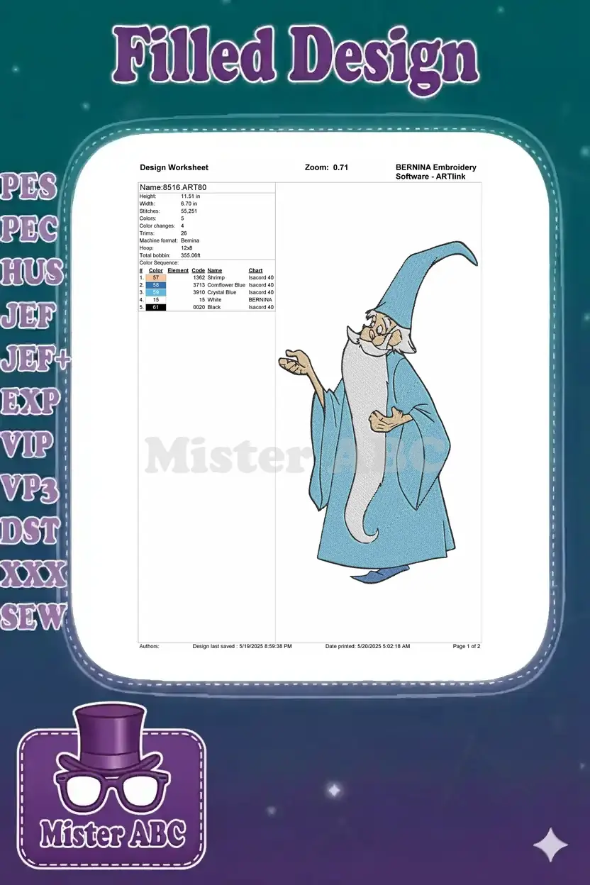 Embroidery design worksheet for Merlin, detailing dimensions, stitch count, color sequence, and machine specifications.