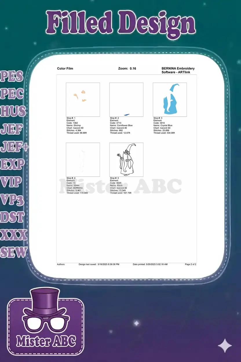 Color film breakdown for the Merlin embroidery design, illustrating the precise stitching sequence for each color.
