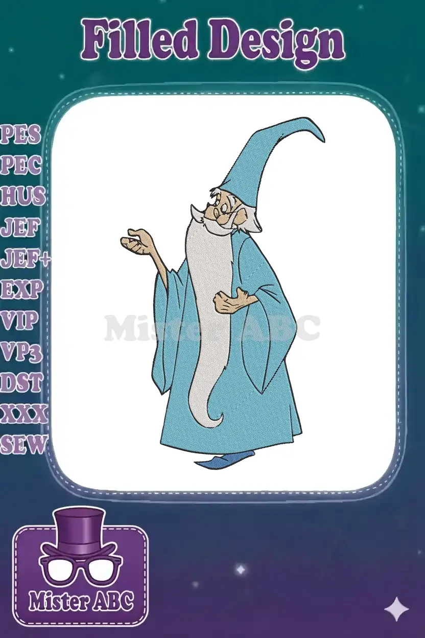 Merlin the wizard embroidery design in blue robe and hat, with a long white beard, gesturing with his hand.
