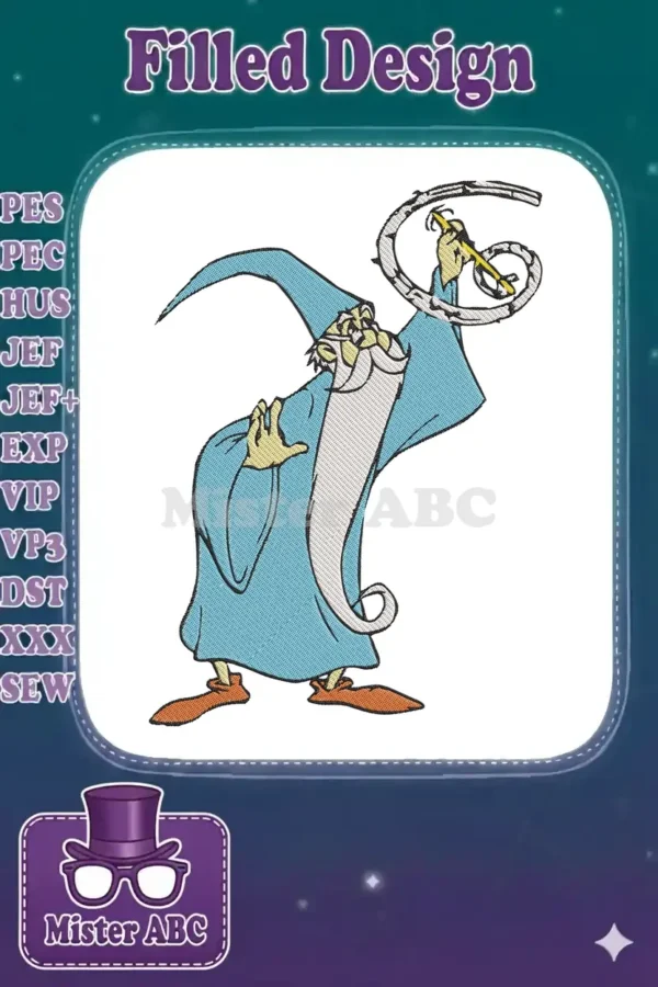 Detailed embroidery design of Merlin from Disney's 'The Sword in the Stone,' featuring his blue robe and a quill.