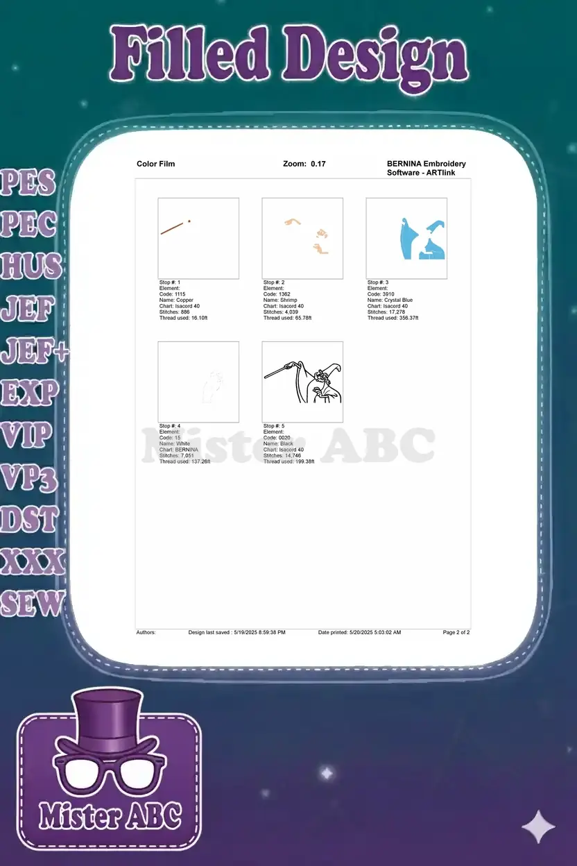 An embroidery color film showing the stitch sequence and thread usage for each of the five distinct color elements.
