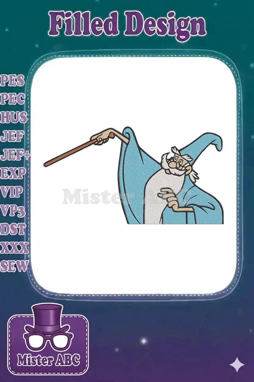 A vibrant embroidery design featuring a wise old wizard with a long white beard and a light blue robe, holding a magic staff.