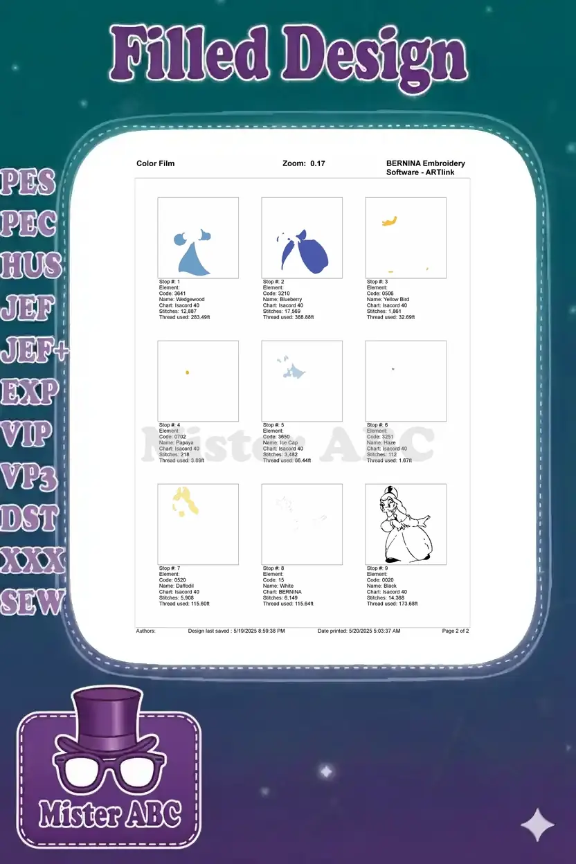 Color film sequence for the Daisy Duck embroidery design, showing individual stitch elements and thread usage.