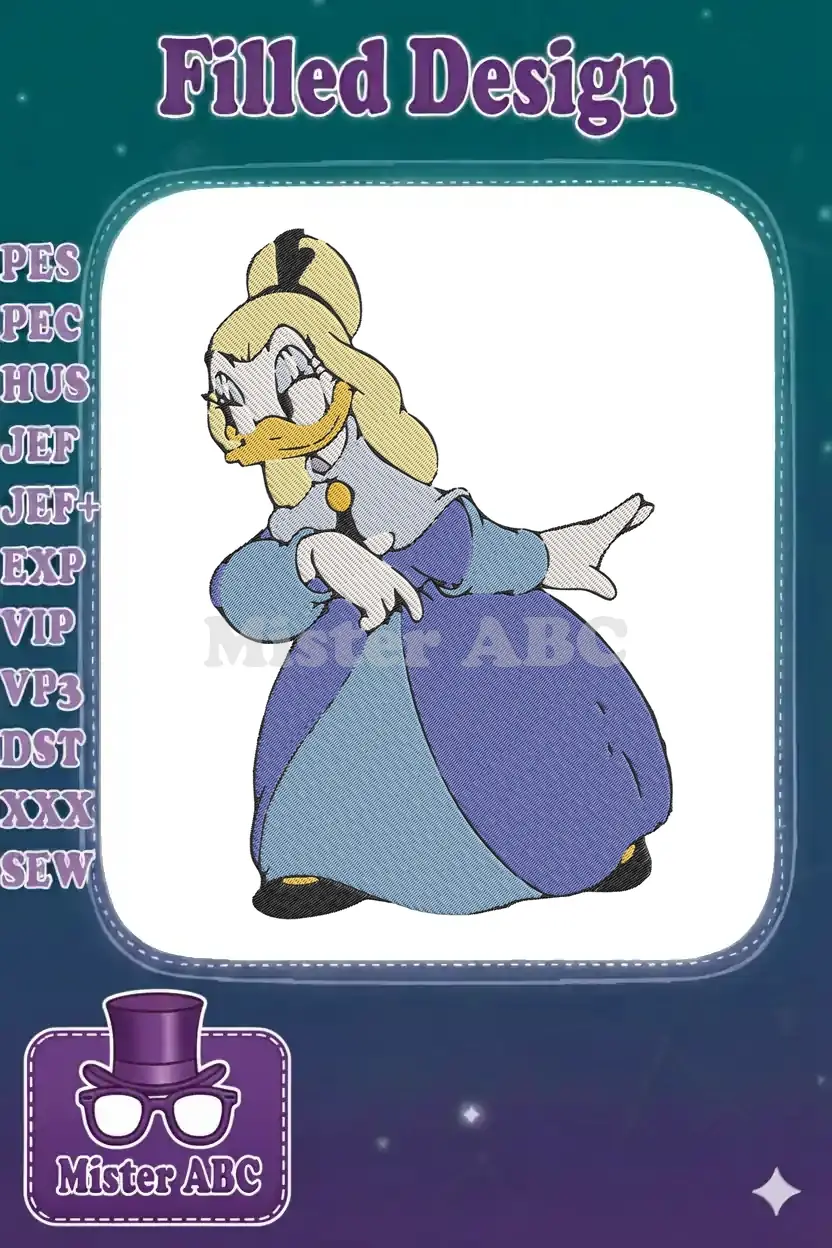 Machine embroidery design featuring Daisy Duck in a light blue and purple regal gown, looking elegant and charming.