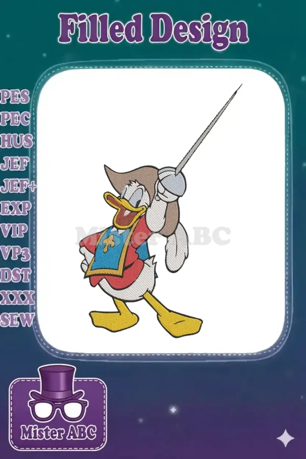 Donald Duck, the iconic Disney character, dressed as a musketeer, holding a rapier, ready for action.