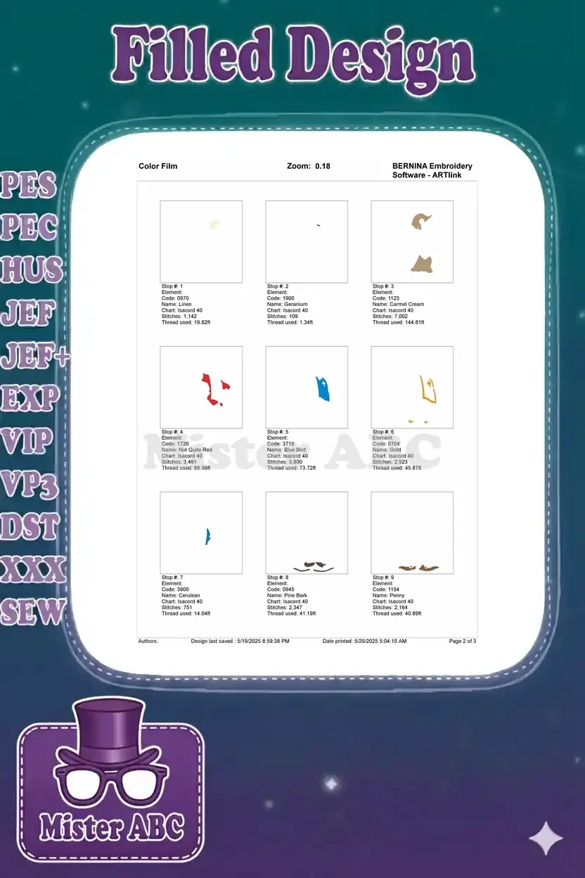 First page of the color film breakdown for Goofy Musketeer embroidery, showing individual stitch stops.