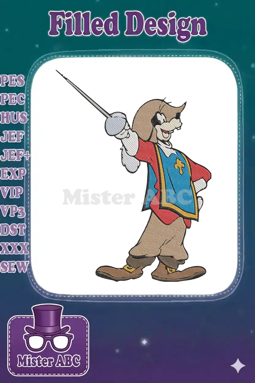 Animated Goofy in a blue and red musketeer costume, holding a fencing rapier, ready for adventure.