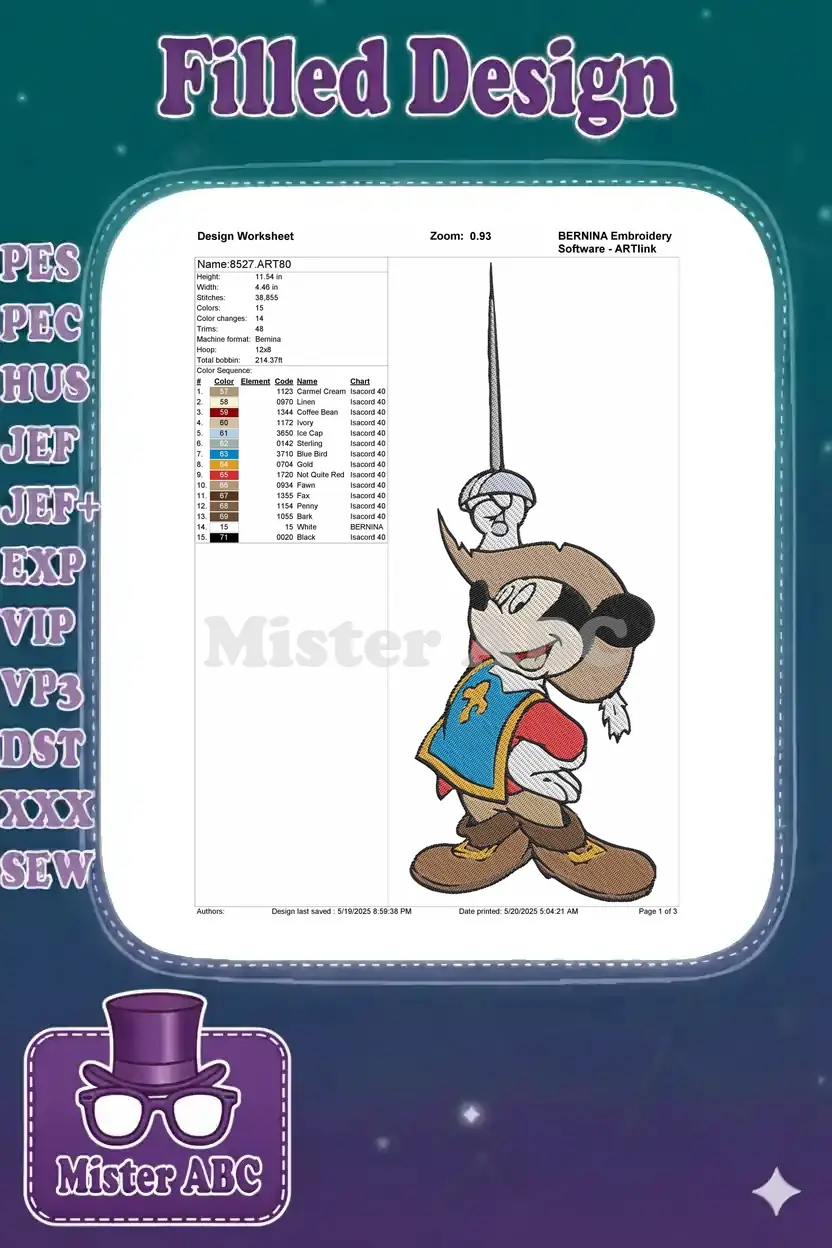 Embroidery design worksheet for Mickey Mouse Musketeer, showing dimensions, thread colors, and stitch details.